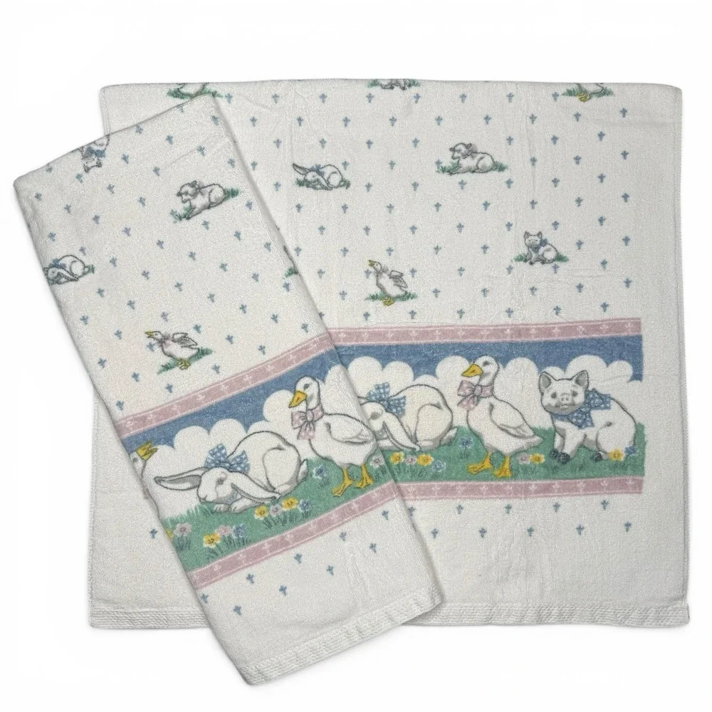 Vintage Pair Fieldcrest Howard Kaplans French Country Farm Animal Bath Towel Set